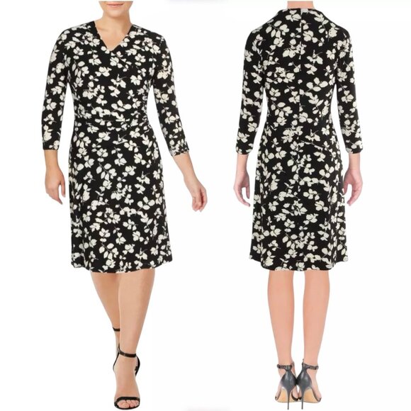 Lauren Ralph Lauren Knee Length Dress Sz.16 Black White Floral Ruching Preppy - Picture 16 of 16